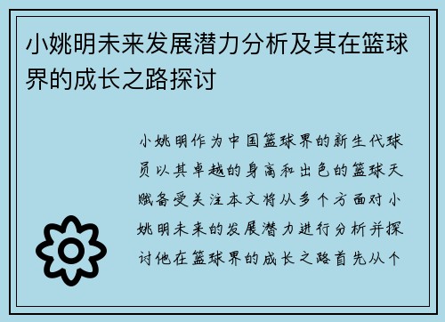 小姚明未来发展潜力分析及其在篮球界的成长之路探讨